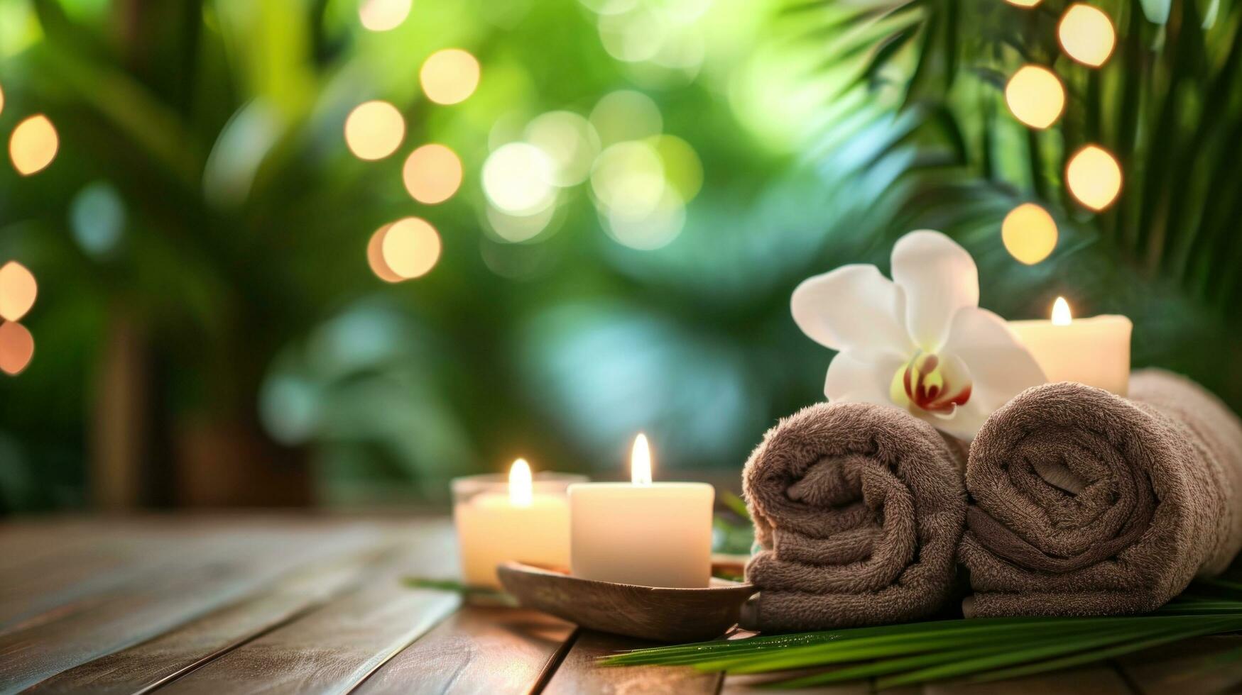 Massages bien-être et soins spécialisés à Lutterbach – Ambiance zen avec serviettes roulées, bougies allumées et fleurs d’orchidée